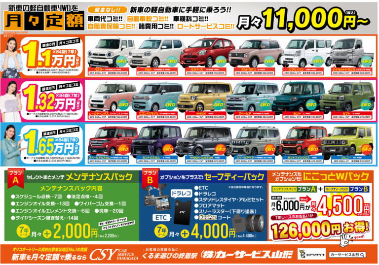 月々定額リースラインナップ 1.1万円から1.32万円、1.65万円とえらべるオプションで自分に合った定額スタイル